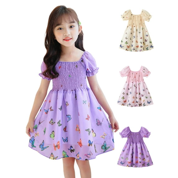 Yuanyu Toddler Baby Girls Casual Dress Puff Sleeve Little Girls Midi Dress Princess Dresses Holiday Party 1-7 T