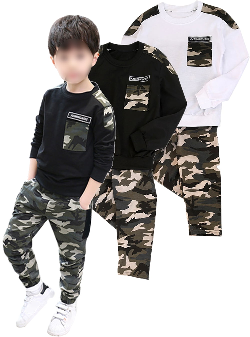 Children's Striped Hooded Bodysuit and Camouflage Pants Set