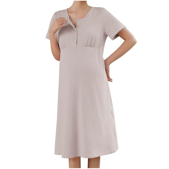 Yuaqua Cotton Nightgowns for Women Soft Comfy Short Sleeve Scoop Neck Quarter Button Sleepshirts Midi Sleep Dress