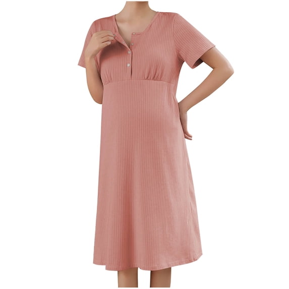 Yuaqua Cotton Nightgowns for Women Soft Comfy Short Sleeve Scoop Neck Quarter Button Sleepshirts Midi Sleep Dress