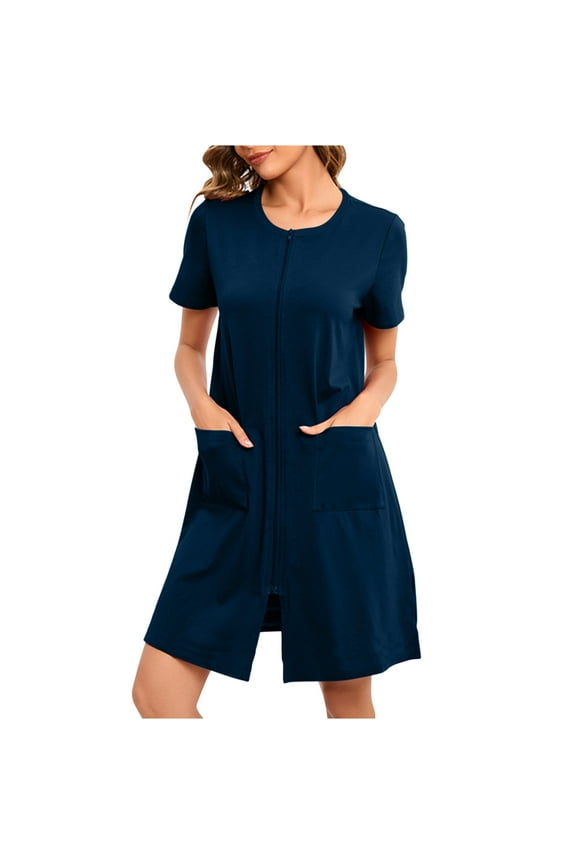 Nightgowns for Women Casual Short Sleeve Crew Neck Zip up Mini Lounge Sleepshirts Tunic Sleep Dress with Pockets