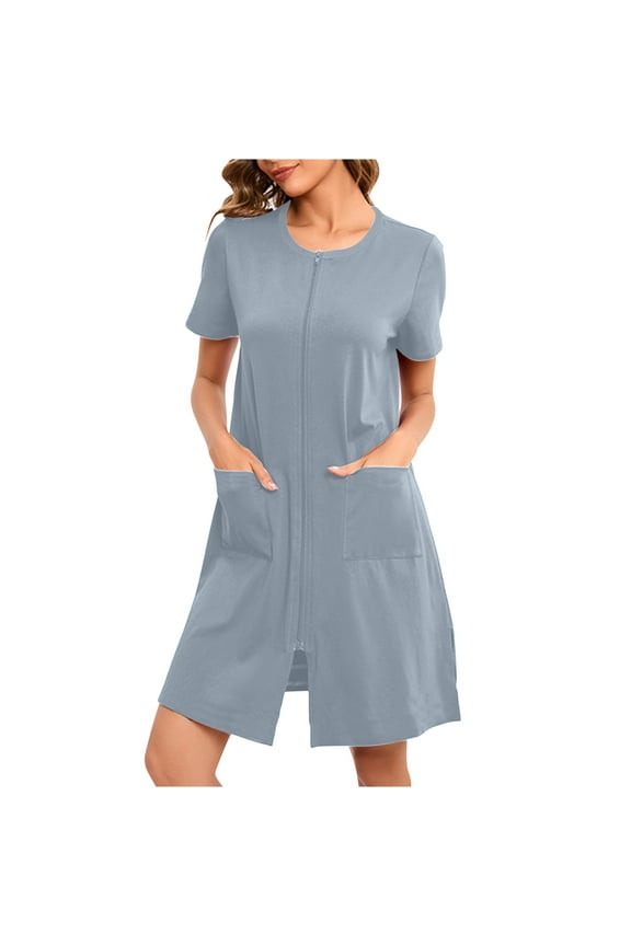 Nightgowns for Women Casual Short Sleeve Crew Neck Zip up Mini Lounge Sleepshirts Tunic Sleep Dress with Pockets