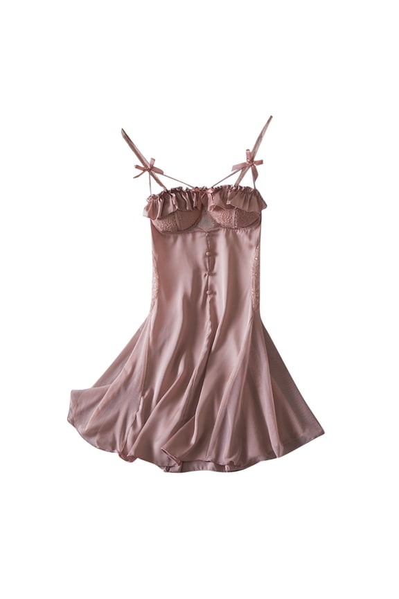 Nightgowns for Women Ice Silk Sleeveless Backless Spaghetti Strap Lace Ruffle Built in Bra Sleepshirts Cami Mini Sleep Dress