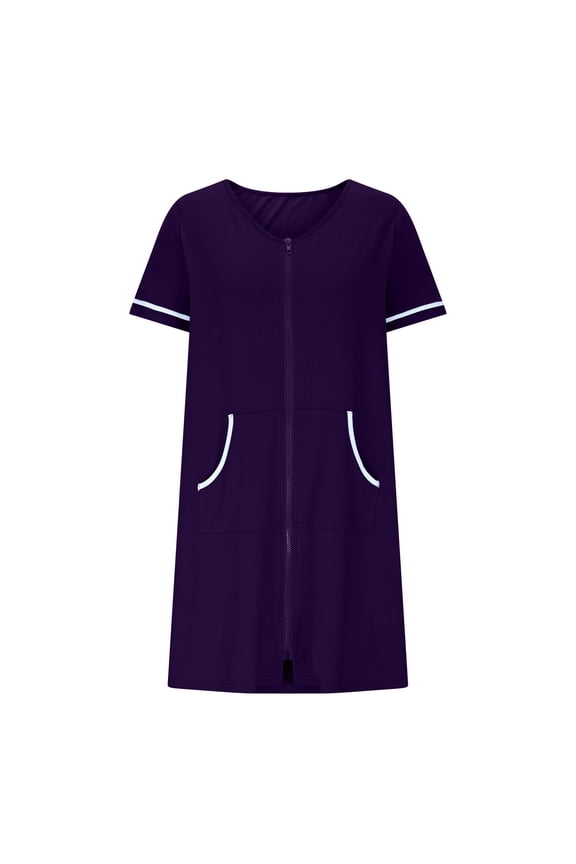 Nightgowns for Women Short Sleeve Crew Neck Zip up Striped Mini Lounge Sleepshirts Casual Tunic Sleep Dress with Pockets