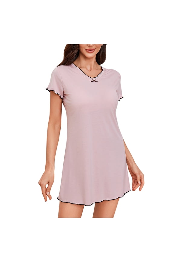 Nightgowns for Women Short Sleeve V Neck Ruffle Trim Mini Evening Dresses Casual Night Gowns Soft Comfy Sleepshirts