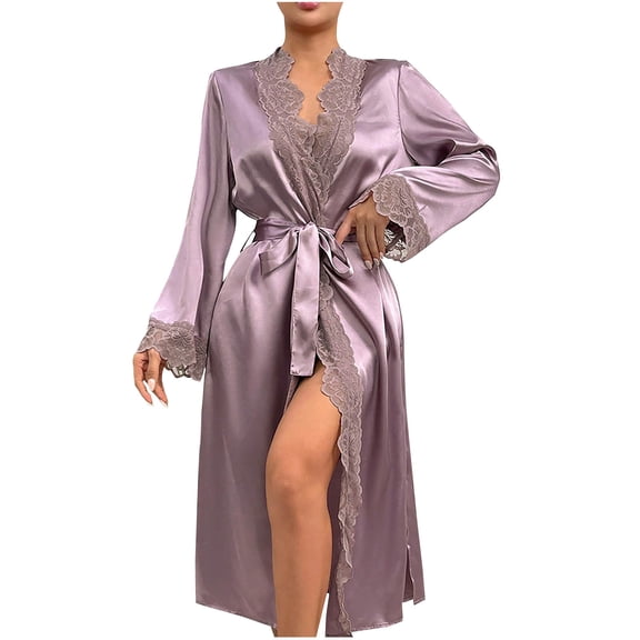 Yuaqua Satin Robes for Women Silk Long Sleeve Lace up Floral Lace Trim Kimono Bathrobes Loungewear Long Nightgowns