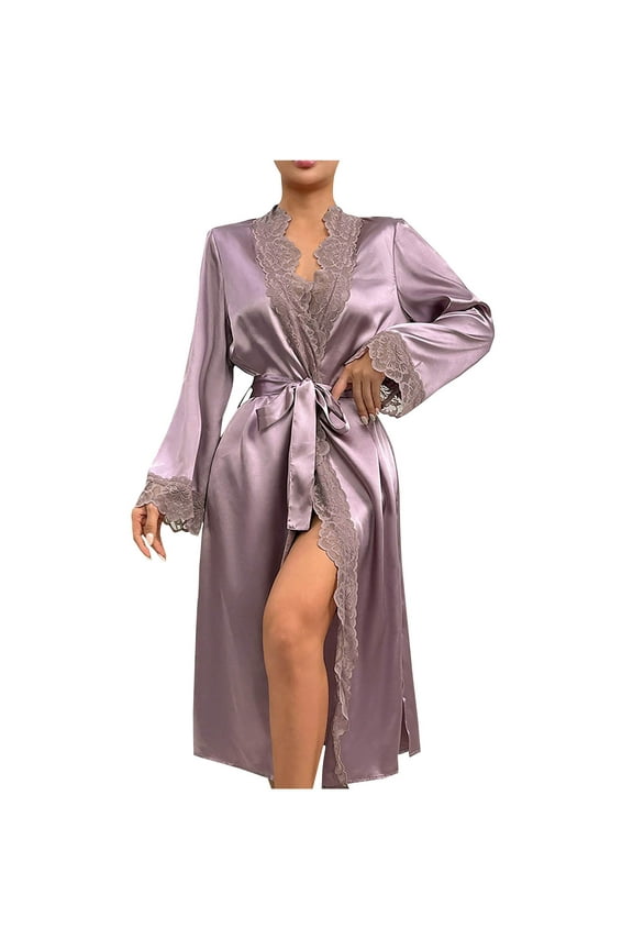 Satin Robes for Women Silk Long Sleeve Lace up Floral Lace Trim Kimono Bathrobes Loungewear Long Nightgowns