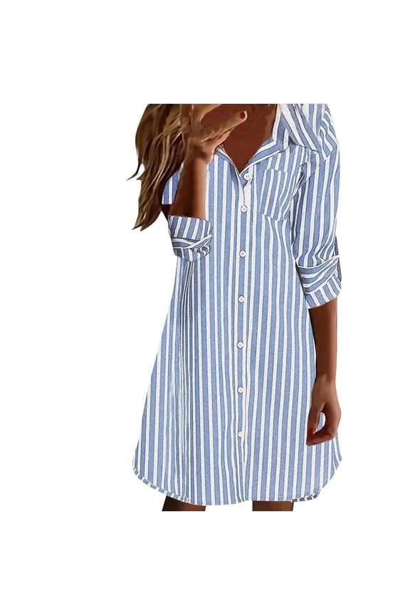 Shirt Dresses for Women Button down Long Sleeve Collared Curved Hem Striped Tunic Dress Knee Length Dress(Light Blue,XX-Large)