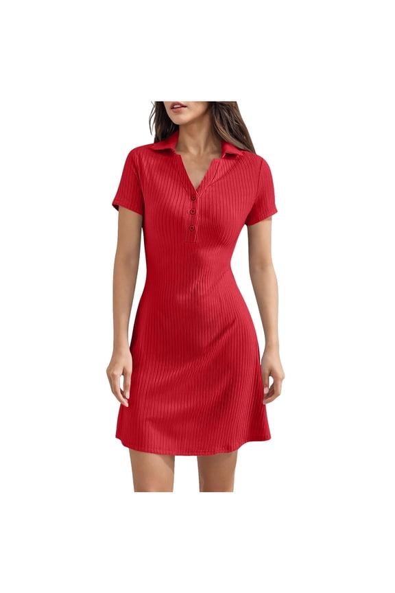 Women's Collared T Shirt Dress Short Sleeve V Neck Ribbed Knit Bodycon Mini Dress Casual Summer Dresses
