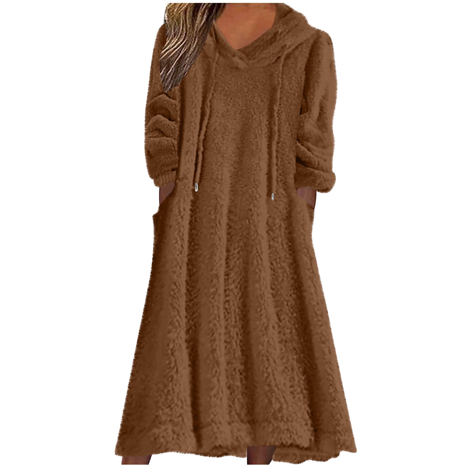 Yuaqua Women's Fluffy Nightgowns Long Sleeve Fuzzy Fleece Hooded Midi Dresses Fall Winter Loungewear Dress with Pockets(Brown,Medium)