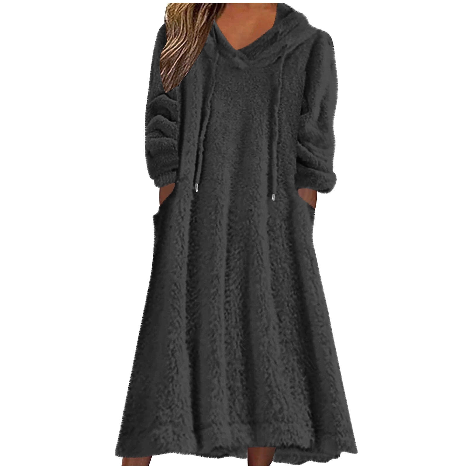 Yuaqua Women's Fluffy Nightgowns Long Sleeve Fuzzy Fleece Hooded Midi Dresses Fall Winter Loungewear Dress with Pockets(Dark Gray,4X-Large)