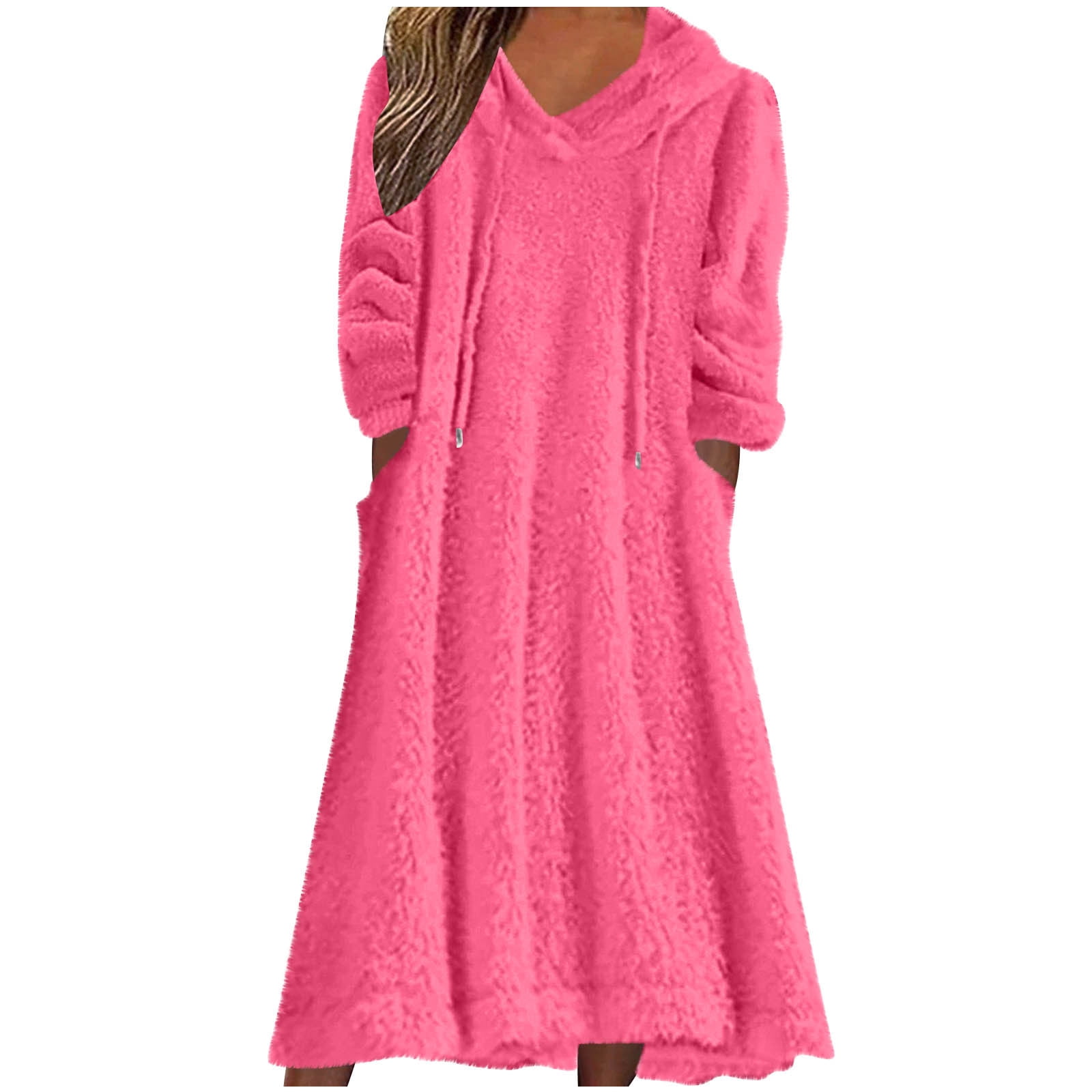 Yuaqua Women's Fluffy Nightgowns Long Sleeve Fuzzy Fleece Hooded Midi Dresses Fall Winter Loungewear Dress with Pockets(Hot Pink,Large)