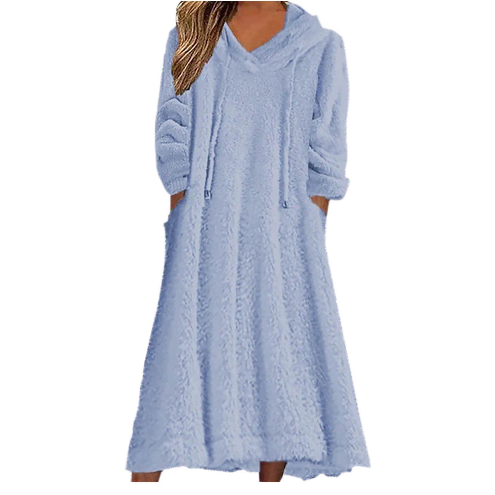 Yuaqua Women's Fluffy Nightgowns Long Sleeve Fuzzy Fleece Hooded Midi Dresses Fall Winter Loungewear Dress with Pockets(Light Blue,X-Large)