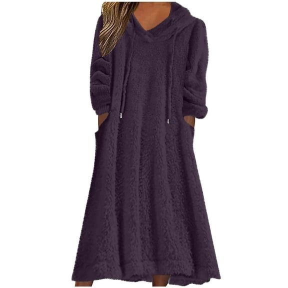 Yuaqua Women's Fluffy Nightgowns Long Sleeve Fuzzy Fleece Hooded Midi Dresses Fall Winter Loungewear Dress with Pockets(Purple,Medium)