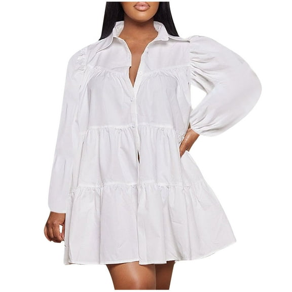 Yuaqua Women's Mini Babydoll Dress Casual Long Lantern Sleeve Collared Pleated Tiered Button down Shirt Dress A-Line Tunic Dress(White,Large)