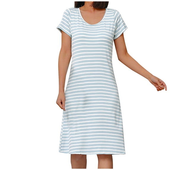 Yuaqua Women's Plus Size Cotton Nightgowns Casual Short Sleeve Scoop Neck Built in Bra Striped Sleepshirts Knee Length Sleep Dress
