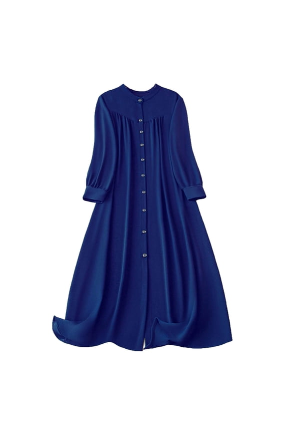 Women's Plus Size Midi Dress Long Lantern Sleeve Mock Neck Button down Shirt Dress Casual Tunic Dresses(Blue,Large)