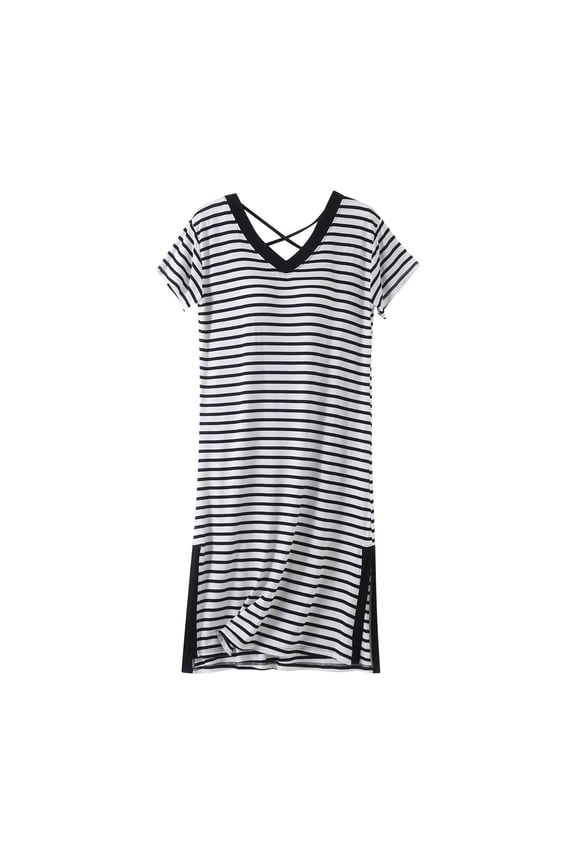 Women's Plus Size Nightgowns Short Sleeve V Neck Built in Bra Side Split Striped Midi Sleep Dress Casual Tunic Sleepshirts