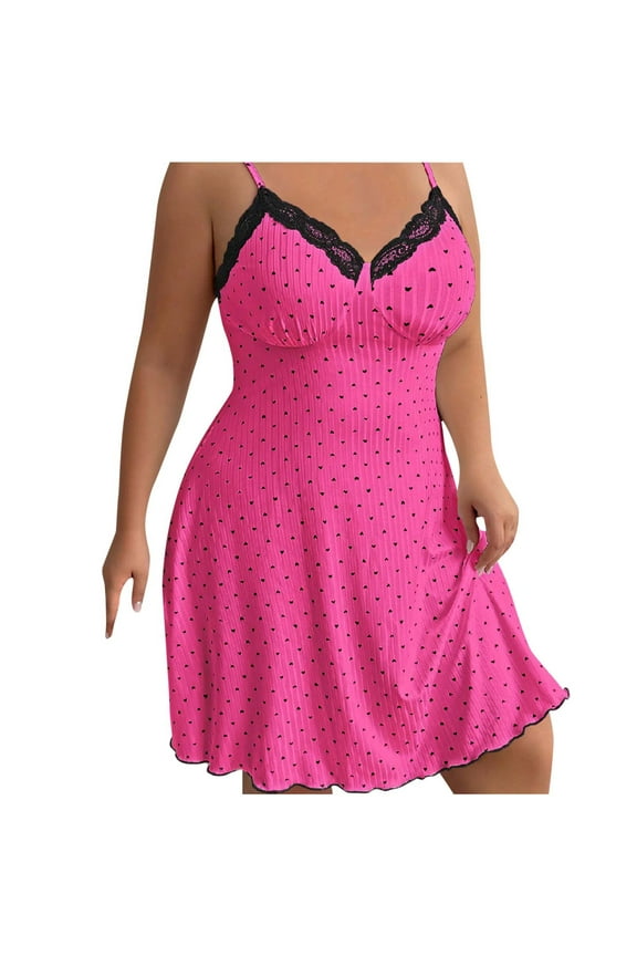 Women's Plus Size Nightgowns Spaghetti Strap V Neck Lace Trim Ribbed Knit Sleeveless Sleep Dress Heart Printed Cami Sleepshirts