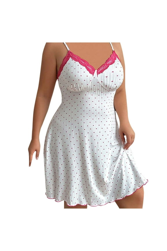 Women's Plus Size Nightgowns Spaghetti Strap V Neck Lace Trim Ribbed Knit Sleeveless Sleep Dress Heart Printed Cami Sleepshirts