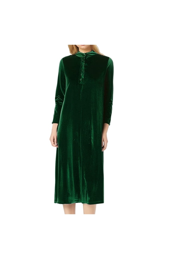 Women's Plus Size Velvet Dress 3/4 Sleeve Mock Neck Quarter Button Velour Midi Dresses Tunic Vintage Dresses(Green,Medium)