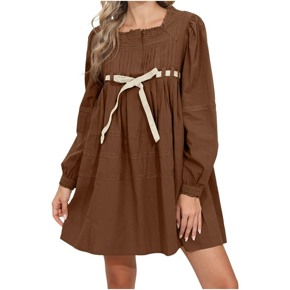 Yuaqua Women's Short Babydoll Dress Long Lantern Sleeve Square Neck Lace Embroidered Bow Tie Front Mini Dress A-Line Tunic Dress(Brown,Small)