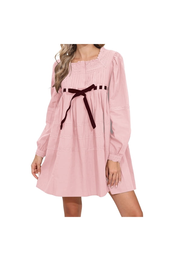 Women's Short Babydoll Dress Long Lantern Sleeve Square Neck Lace Embroidered Bow Tie Front Mini Dress A-Line Tunic Dress(Pink,X-Large)