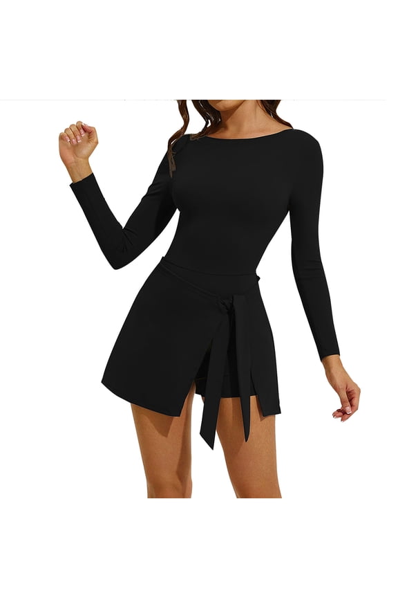 Women's Tennis Dress Long Sleeve Boat Neck Backless Bodycon Tie Waist Romper Skorts Athletic Mini Dresses with Built in Shorts(Black,Large)