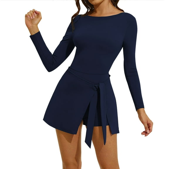 Yuaqua Women's Tennis Dress Long Sleeve Boat Neck Backless Bodycon Tie Waist Romper Skorts Athletic Mini Dresses with Built in Shorts(Navy,Medium)