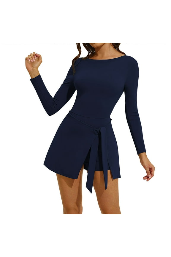 Women's Tennis Dress Long Sleeve Boat Neck Backless Bodycon Tie Waist Romper Skorts Athletic Mini Dresses with Built in Shorts(Navy,Medium)