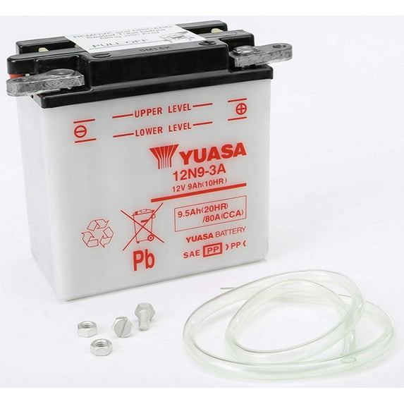 Yuasa Conventional 12V Motorcycle Battery, 12N9-3A, Street, Dry Charged, Left Vent, Right Front Positive Terminal (YUAM2293A)
