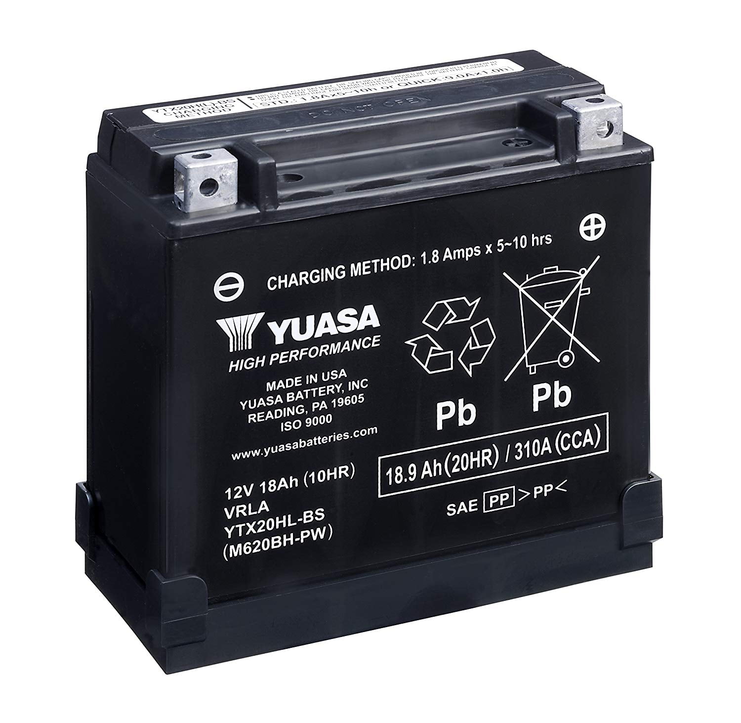 Yuasa VRLA 12V Vehicle Battery Group Size 20HL, 310 CCA Top Post for Motorcycle