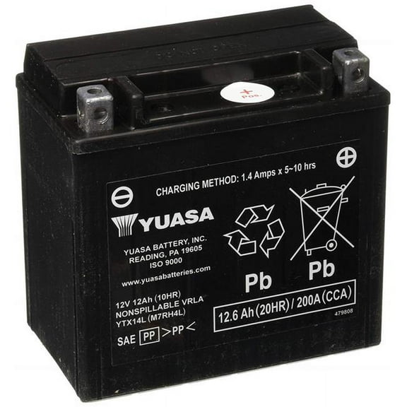 Yuasa YTX14L Factory Activated AGM 12V Maintenance Free Powersports Battery, 200 CCA (YUAM7RH4L)