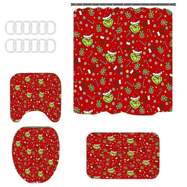 Yubatuo Christmas Green Elf Decorations Christmas Snowman Print Toilet Bathroom Mat and Shower Curtain Four-Piece Set