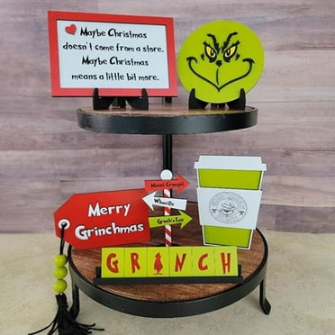 Yubatuo Green Monster Christmas Grinch Decorations Christmas Tiered Tray Decor Grinch Tiered Tray Ornament Christmas Wooden Signs Decorative Trays Xmas Party Tray, How to Stole Christmas Tray