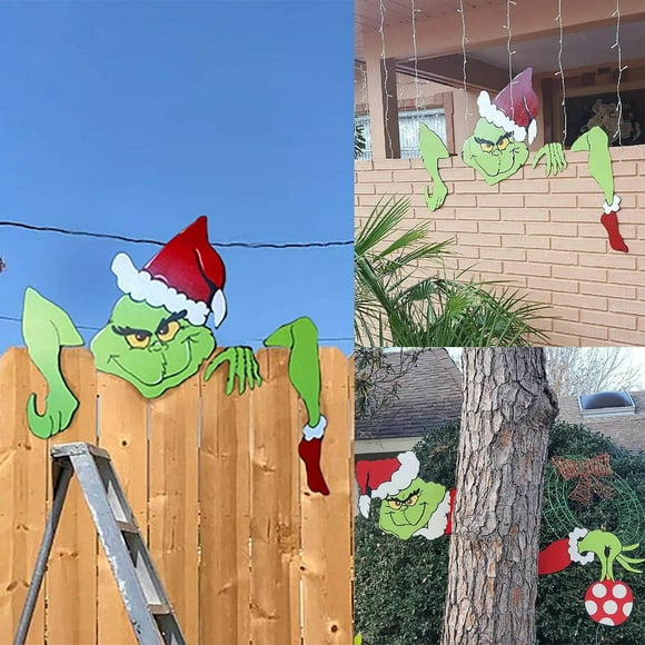 Yubatuo Grinch Christmas Decorations 2Pc Grinch Christmas Decorations Gri-Nch Fence Peeker Ornaments Winter Yard Wall Signs Gift for Christmas Day