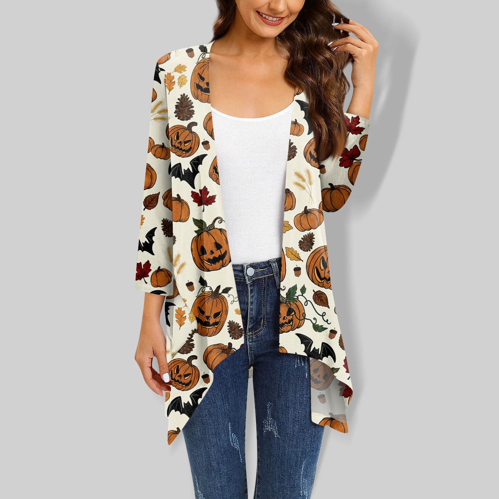 Yubatuo Halloween Cardigan for Women 3/4 Sleeve Irregular Hem Open