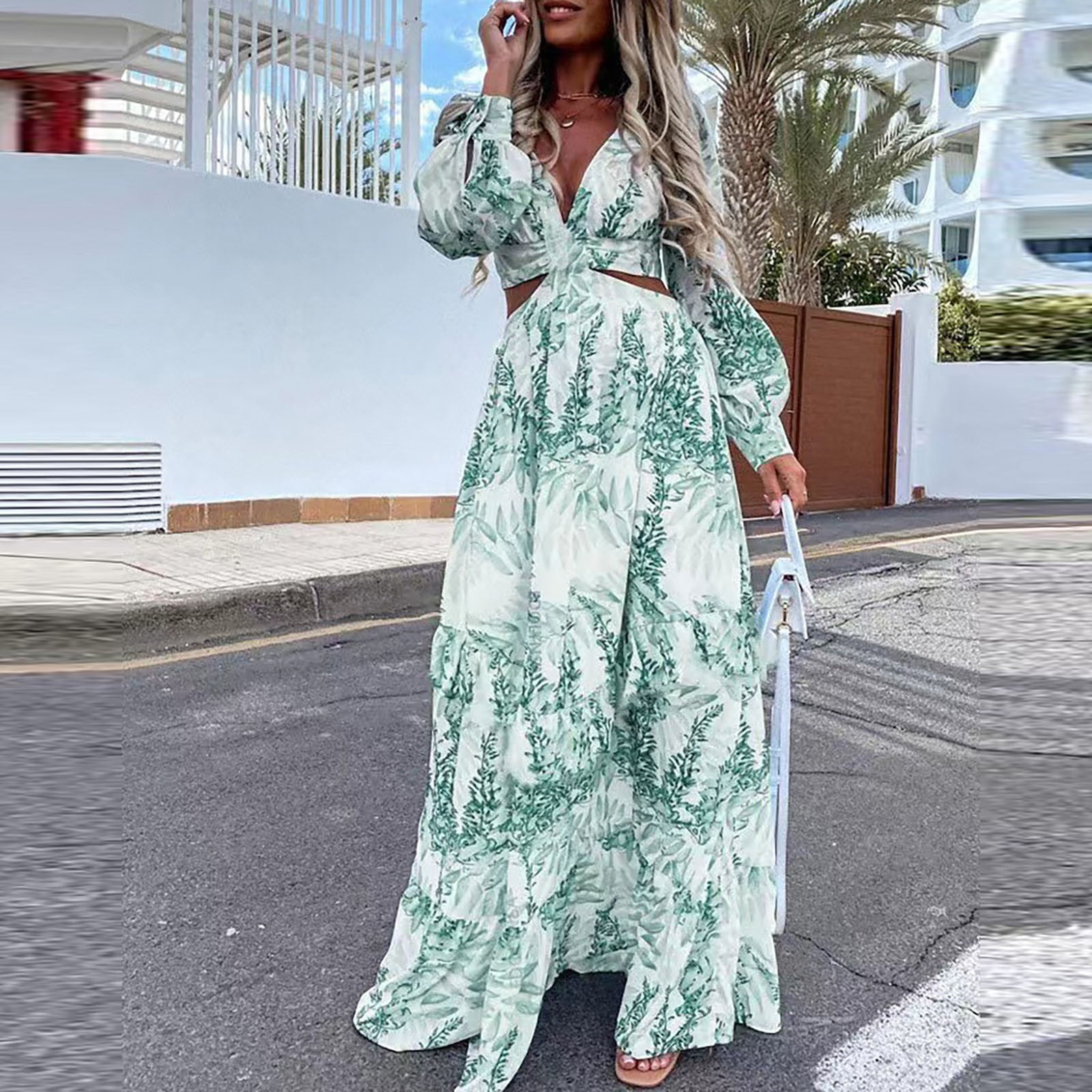 Yubatuo Women's Fashion Beach Casual Floral Maxi Long Dress For Women  Summer V Neck Long Sleeve Dress(Green