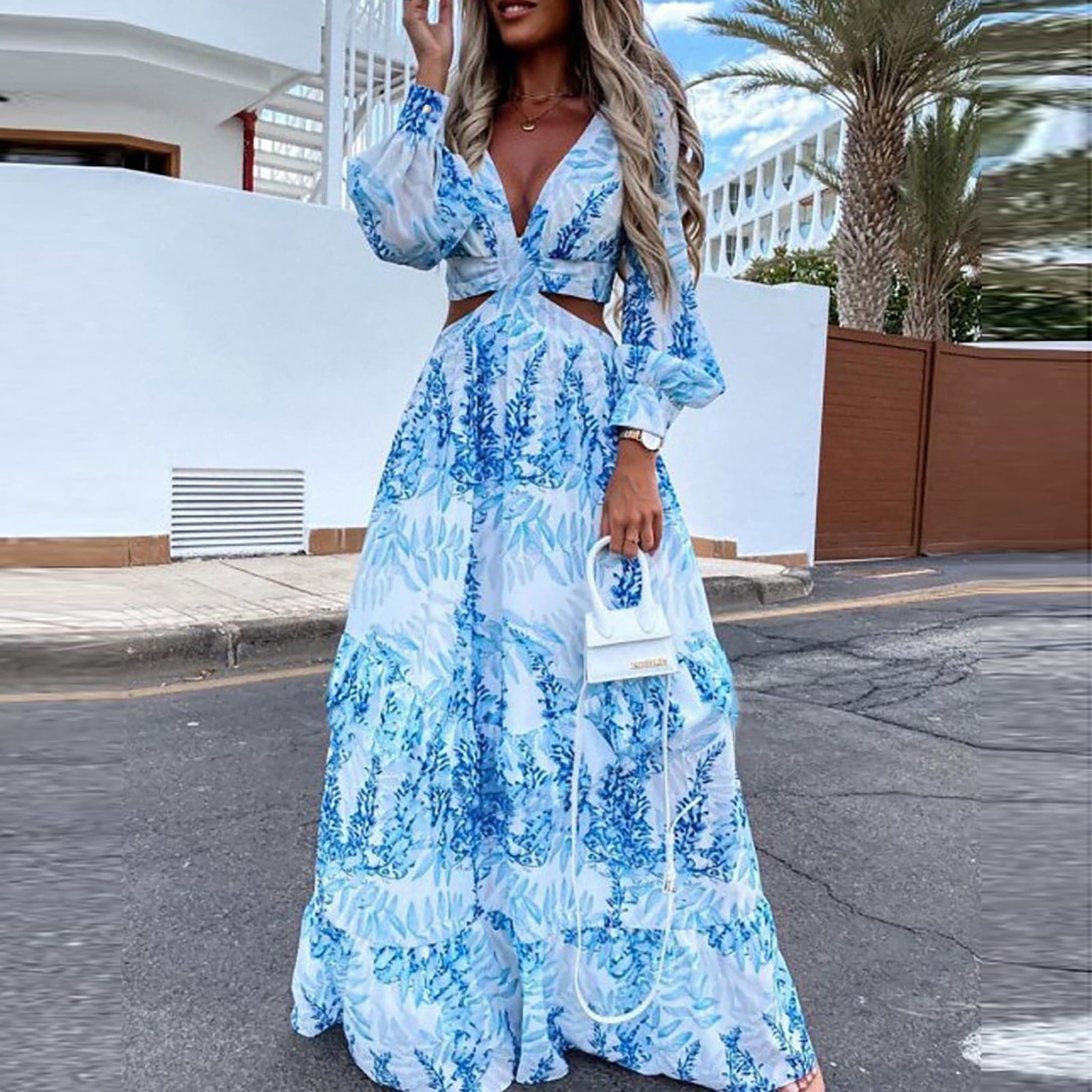 African Print High Neck Deep V Long-Sleeved Maxi Dress - FRANCA – LAVIYE