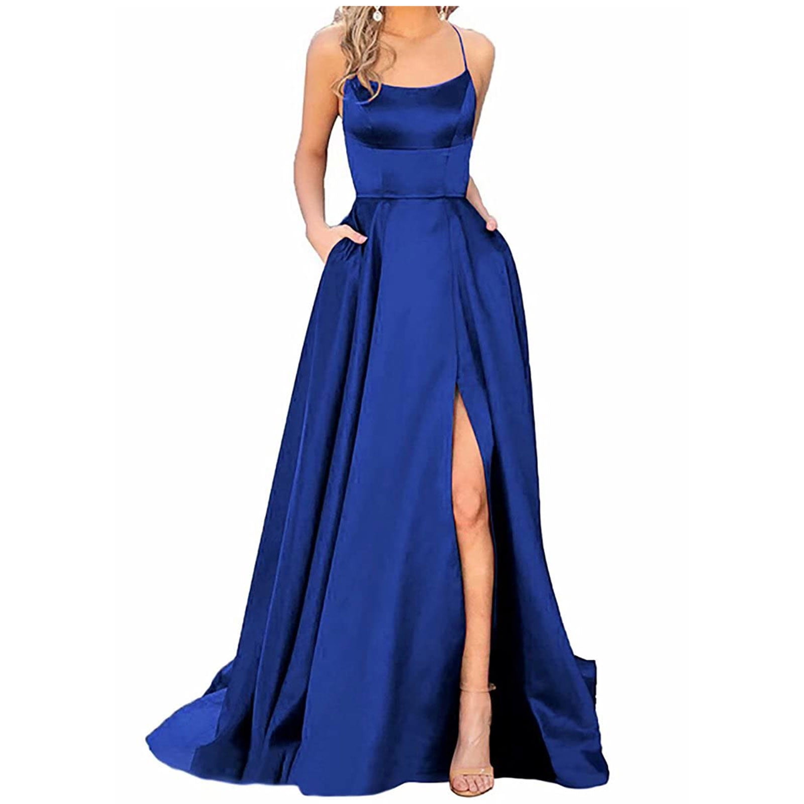 Spaghetti Straps Satin Royal Blue Prom Dress With Pockets Spaghetti Straps Satin Royal Blue Prom Dress With Pockets