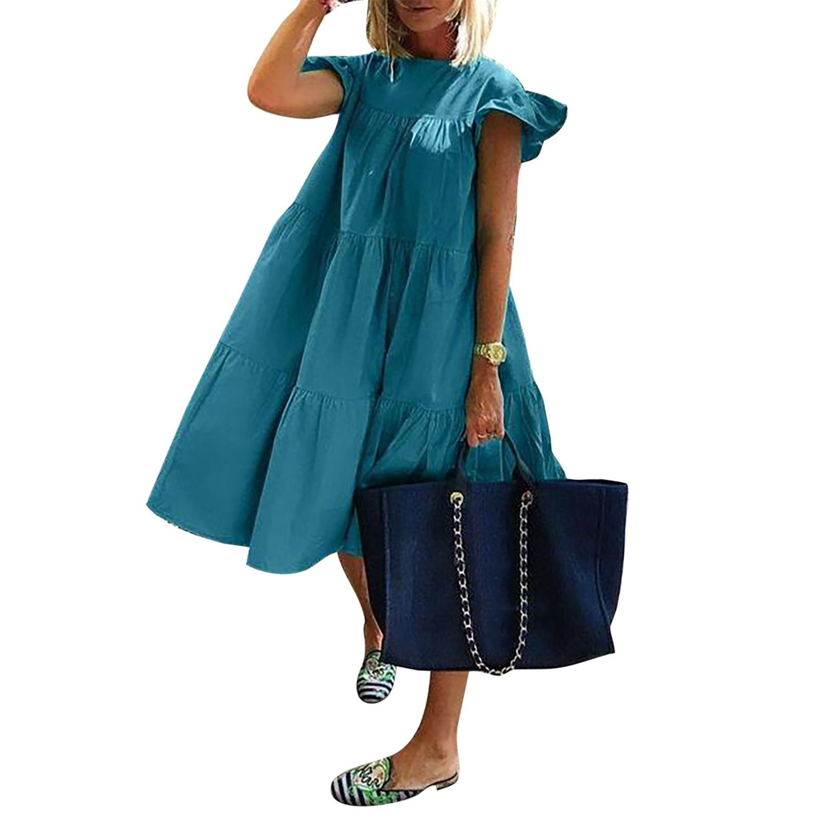ShopWonder Women's Plus Size Ruffle Sleeve Midi Dress - Flowy T-Shirt Dress With Pockets - View #14