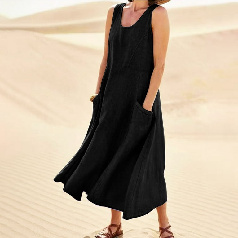 Yubatuo Summer Casual Plus Size Solid Loose Sundress with Pockets