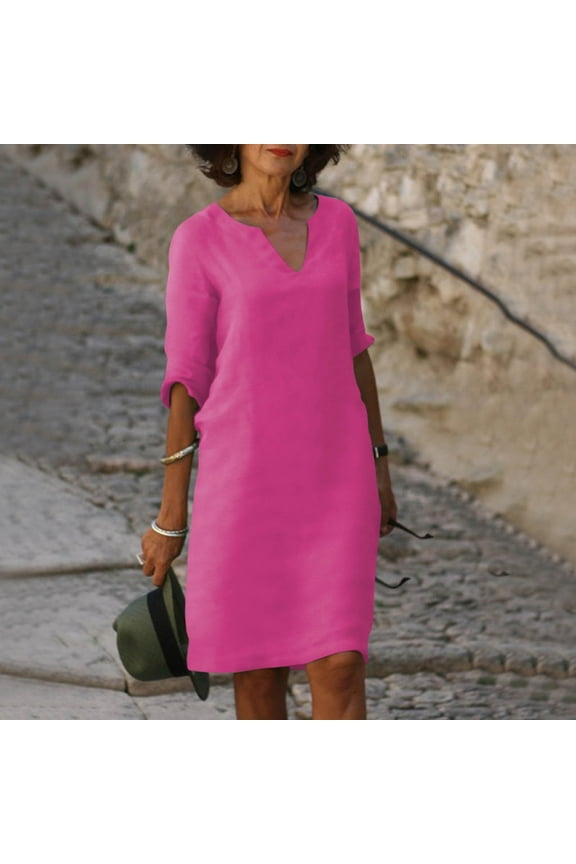 Women's Summer Casual Solid Loose T Shirt Dress V Neck Half SLeeve Mini Beach Dress Purple 2XL