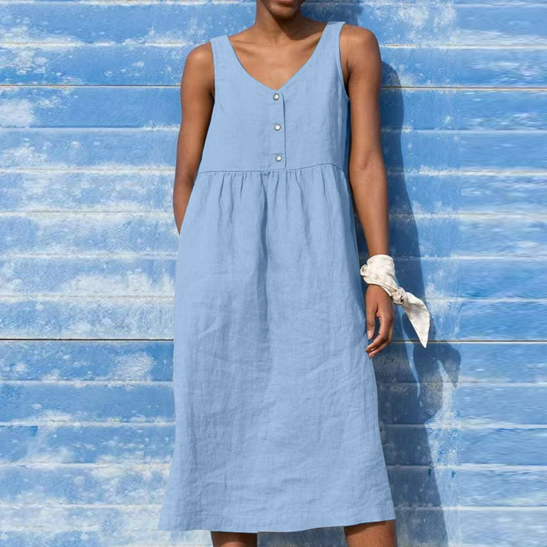 Yubatuo Womens Dresses Dress For Women Spring Summer Cotton Linen Boho Casual Fashion Sleeveless Dress For Holiday Large Size Summer Dresses for Women Light Blue L Walmart