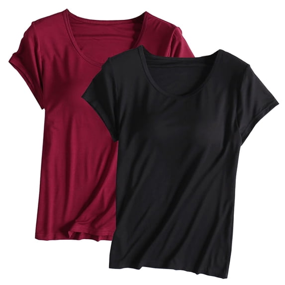 Yubnlvae 2-Pack Women's Built-In Bra Tees - Short Sleeve Crewneck Athletic Tops with Shelf Bra Support(Seamless Comfort | Moisture-Wicking | Gym to Street Wear) (C | XXL)