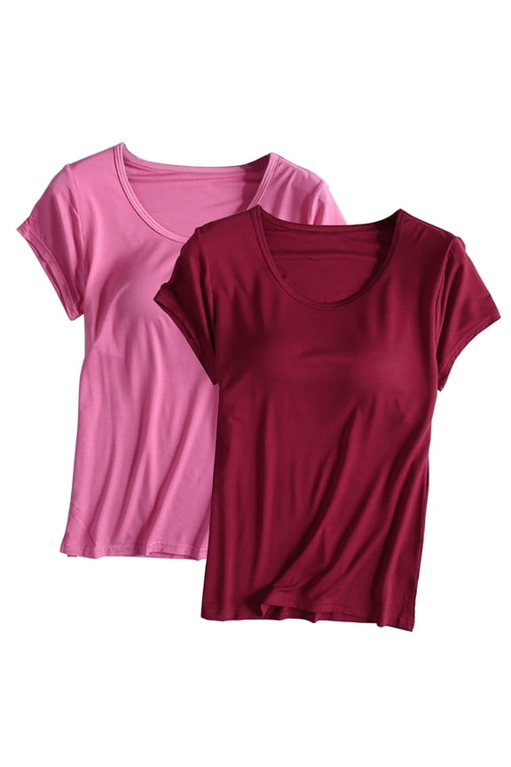 2-Pack Women's Built-In Bra Tees - Short Sleeve Crewneck Athletic Tops with Shelf Bra Support(Seamless Comfort | Moisture-Wicking | Gym to Street Wear) (I | M)