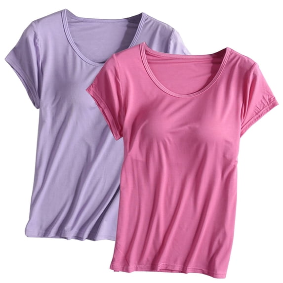 Yubnlvae 2-Pack Women's Built-In Bra Tees - Short Sleeve Crewneck Athletic Tops with Shelf Bra Support(Seamless Comfort | Moisture-Wicking | Gym to Street Wear) (R | M)