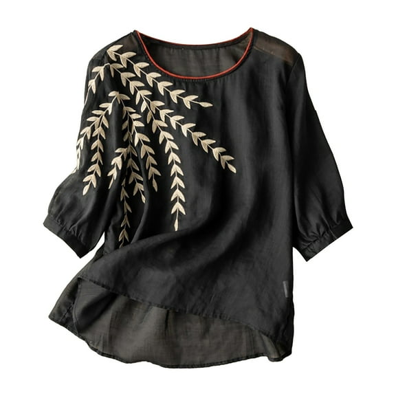 Yubnlvae 2025 Embroidered Linen Shirts for Women - 3/4 Sleeve Boho Vacation Tops (Retro Summer Blouses, Beach Casual) Black XL