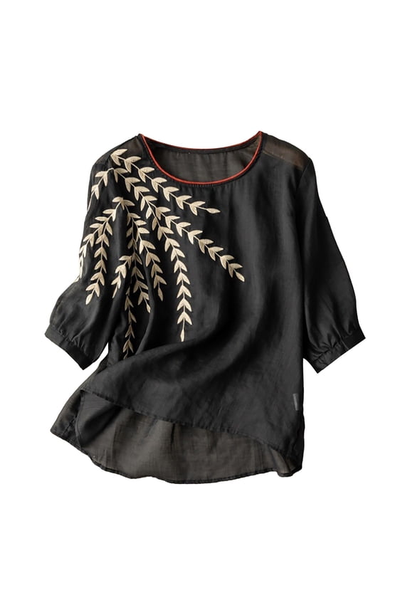 2025 Embroidered Linen Shirts for Women - 3/4 Sleeve Boho Vacation Tops (Retro Summer Blouses, Beach Casual) Black XL