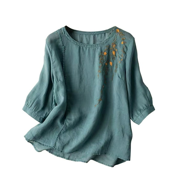 Yubnlvae 2025 Embroidered Linen Shirts for Women - 3/4 Sleeve Boho Vacation Tops (Retro Summer Blouses, Beach Casual) Blue L